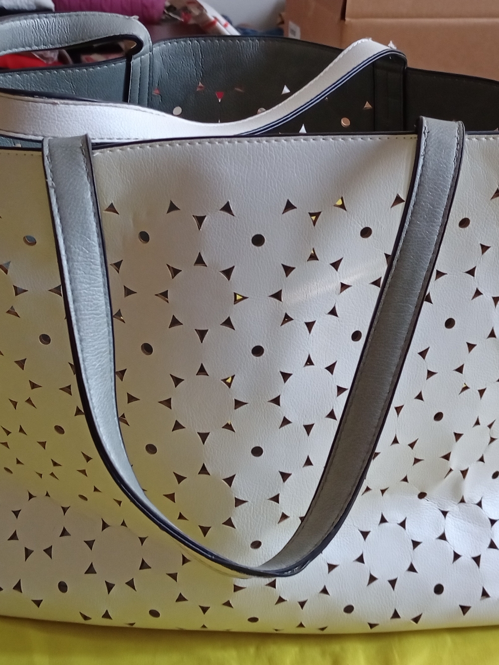 Ecko White Laser-Cut Tote Bag with Gray Trim